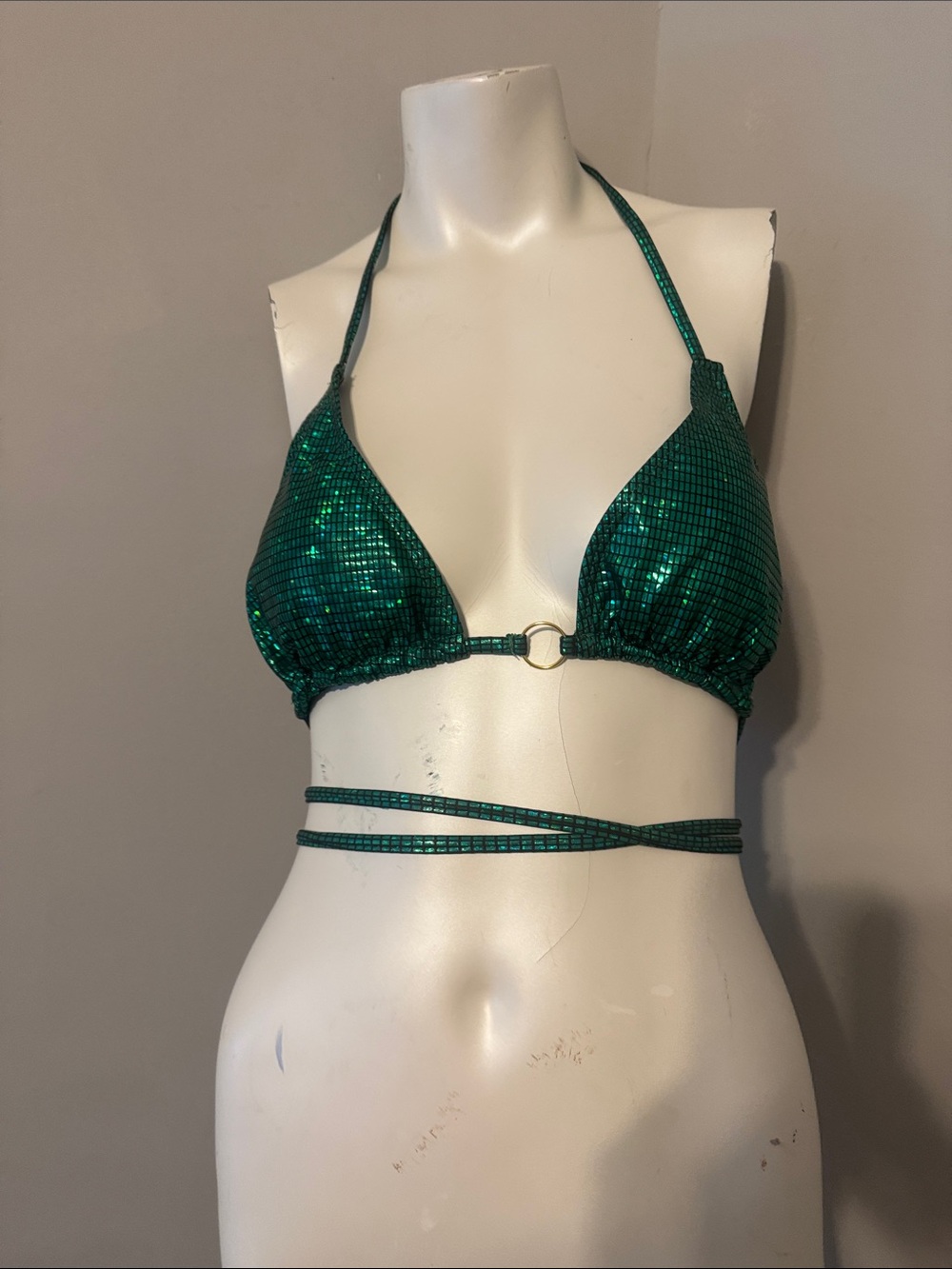 Green Metallic Triangle Halter Bikini Top. Gold ring accent. Size L. NWT